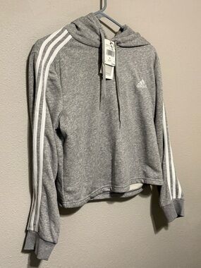 adidas Women's Gray Cropped Hoodie with White Three-Stripes NWT